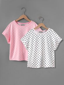 SHEIN Girlism Tween Girl Spring/Summer 2 Pieces Set Polka Dot Casual Fashion Back Cross Open Back Contrast Line Design Round Neck Shoulder-Connected Short Sleeve Loose Silhouette T-Shirt - Multicolor - View 2