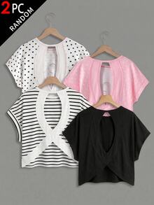SHEIN Girlism Tween Girl Spring/Summer 2 Pieces Set Polka Dot Casual Fashion Back Cross Open Back Contrast Line Design Round Neck Shoulder-Connected Short Sleeve Loose Silhouette T-Shirt - Multicolor - View 1