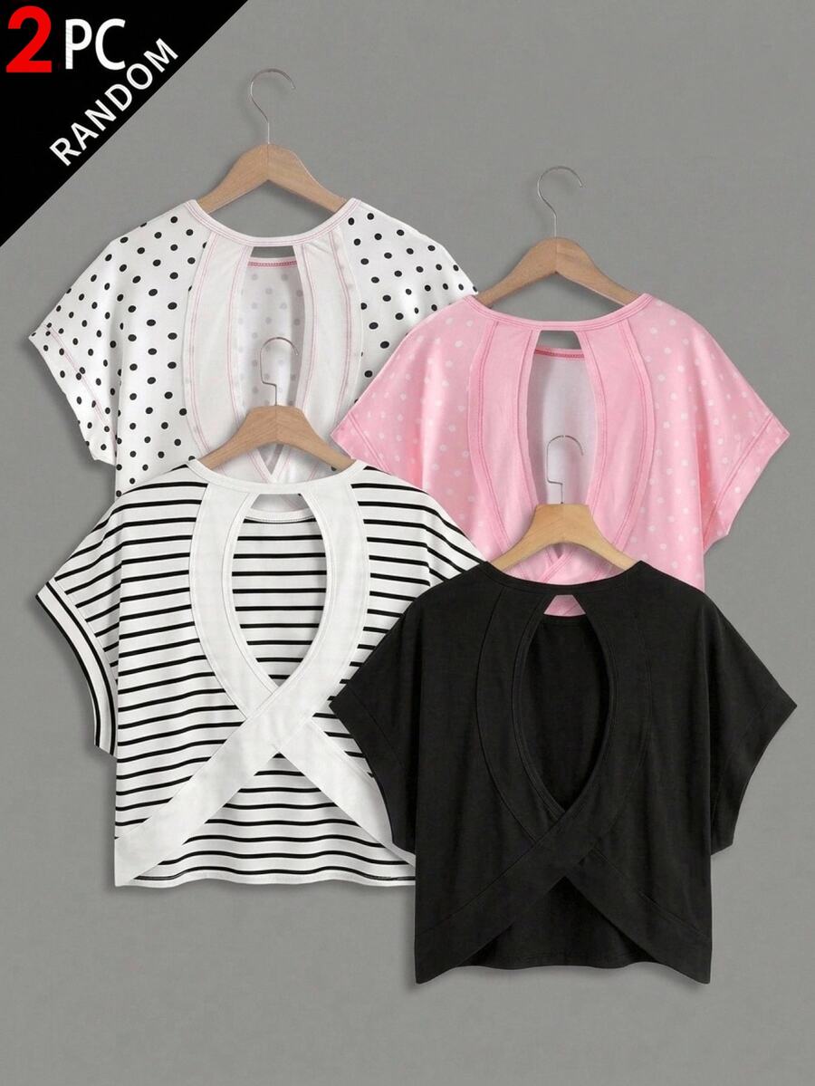 SHEIN Girlism Tween Girl Spring/Summer 2 Pieces Set Polka Dot Casual Fashion Back Cross Open Back Contrast Line Design Round Neck Shoulder-Connected Short Sleeve Loose Silhouette T-Shirt - Multicolor - View 1