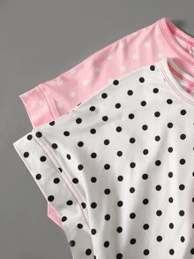 SHEIN Girlism Tween Girl Spring/Summer 2 Pieces Set Polka Dot Casual Fashion Back Cross Open Back Contrast Line Design Round Neck Shoulder-Connected Short Sleeve Loose Silhouette T-Shirt - Multicolor - View 4