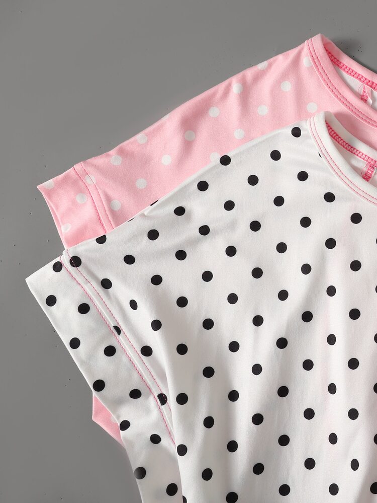 SHEIN Girlism Tween Girl Spring/Summer 2 Pieces Set Polka Dot Casual Fashion Back Cross Open Back Contrast Line Design Round Neck Shoulder-Connected Short Sleeve Loose Silhouette T-Shirt - Multicolor - View 4