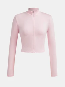 SHEIN Girlism 青少年女孩休閒彈性半拉鍊V領修身長袖T恤，基礎必備秋冬外套，簡約休閒修身彈性夾克 - 粉色 - 查看 5