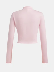SHEIN Girlism 青少年女孩休閒彈性半拉鍊V領修身長袖T恤，基礎必備秋冬外套，簡約休閒修身彈性夾克 - 粉色 - 查看 2