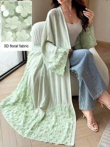 Yasmyna Mint Green 3D Floral Applique Textured Fabric Loose Wide Sleeve Long Cardigan Slimming Abaya For Women Holiday  Mint Green - Mint Green - View 4