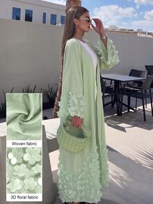 Yasmyna Mint Green 3D Floral Applique Textured Fabric Loose Wide Sleeve Long Cardigan Slimming Abaya For Women Holiday  Mint Green - Mint Green - View 2