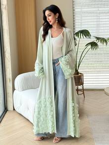 Yasmyna Mint Green 3D Floral Applique Textured Fabric Loose Wide Sleeve Long Cardigan Slimming Abaya For Women Holiday  Mint Green - Mint Green - View 8