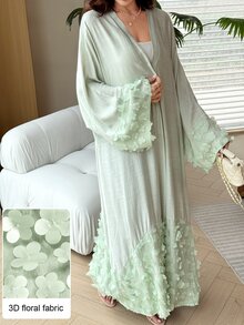 Yasmyna Mint Green 3D Floral Applique Textured Fabric Loose Wide Sleeve Long Cardigan Slimming Abaya For Women Holiday  Mint Green - Mint Green - View 5