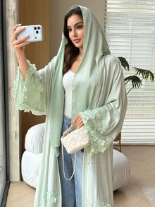 Yasmyna Mint Green 3D Floral Applique Textured Fabric Loose Wide Sleeve Long Cardigan Slimming Abaya For Women Holiday  Mint Green - Mint Green - View 7
