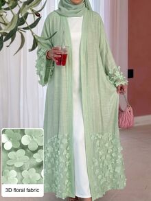 Yasmyna Mint Green 3D Floral Applique Textured Fabric Loose Wide Sleeve Long Cardigan Slimming Abaya For Women Holiday  Mint Green - Mint Green - View 6
