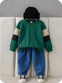 SHEIN 兒童 1 歲小男孩休閒可愛日常舒適針織袖圓領長袖衛衣，適合學校、日常穿著，秋冬季 - 彩色 - 查看 5