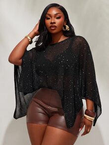 Radiana Women's Summer Minimalist Streetwear Western Sexy Sheer Batwing Sleeve Knit Cover-Up, Black Top, Cropped, Shiny Casual Versatile Halloween Night Out - Black - View 2