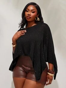 Radiana Women's Summer Minimalist Streetwear Western Sexy Sheer Batwing Sleeve Knit Cover-Up, Black Top, Cropped, Shiny Casual Versatile Halloween Night Out - Black - View 6