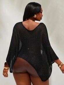 Radiana Women's Summer Minimalist Streetwear Western Sexy Sheer Batwing Sleeve Knit Cover-Up, Black Top, Cropped, Shiny Casual Versatile Halloween Night Out - Black - View 7