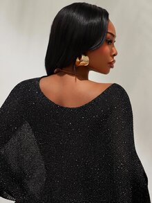 Radiana Women's Summer Minimalist Streetwear Western Sexy Sheer Batwing Sleeve Knit Cover-Up, Black Top, Cropped, Shiny Casual Versatile Halloween Night Out - Black - View 8