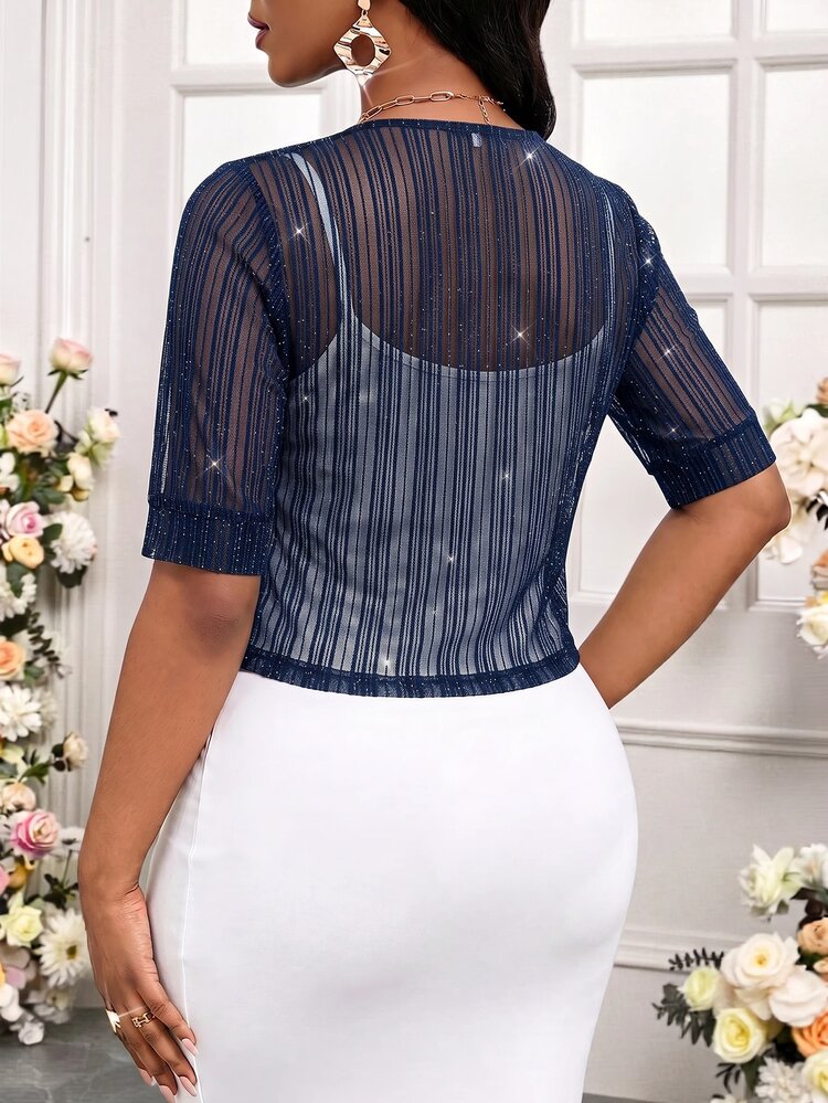 SHEIN Lady Women's Vacation Fashion Shiny Sheer Tie-Up Thin Jacket Navy Blue Autumn Elegant Sexy Night Out Party Date Cocktail Club - Navy Blue - View 6