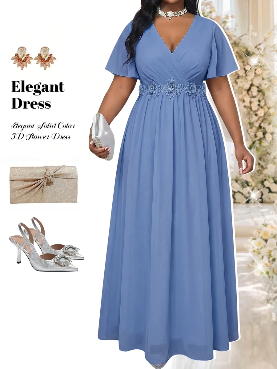 Fleurora Plus Size Women's V-Neck 3D Floral Decor Casual Party Dress Blue Dress Birthday Dress Wedding Guest Dress Peasant Dress Formal Dress Holiday Dress - Dusty Blue - View 1