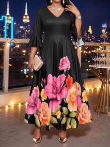 SHEIN Lady Plus Size Floral Print Cinched Waist Dress Wedding Dinner Evening Formal Black Autumn Elegant Fall - Multicolor - View 5