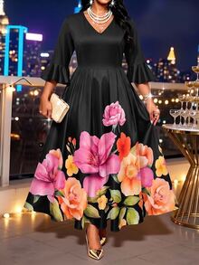 SHEIN Lady 大尺碼花卉印花收腰洋裝 - 彩色 - 查看 1