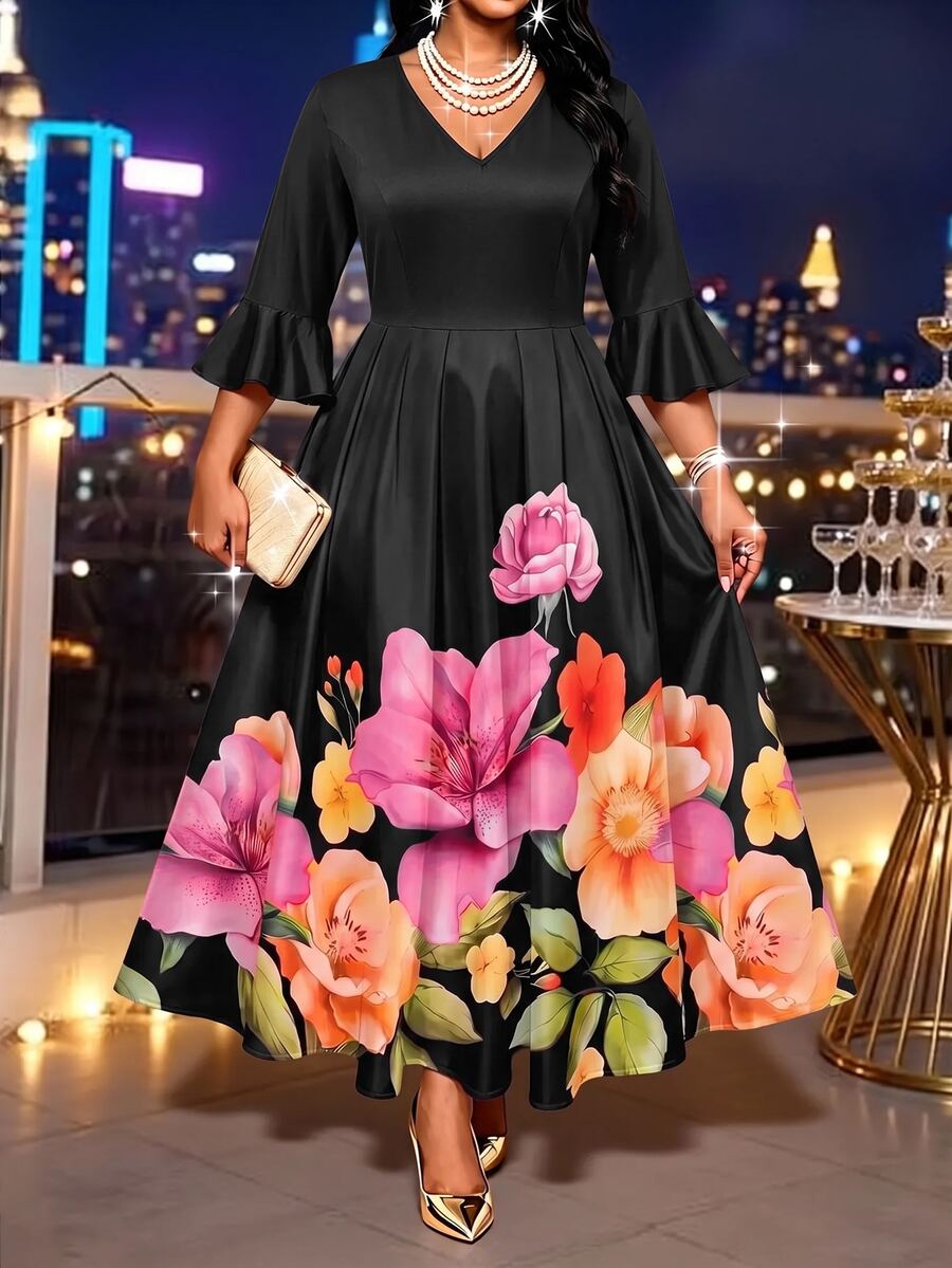 SHEIN Lady 大尺碼花卉印花收腰洋裝 - 彩色 - 查看 1