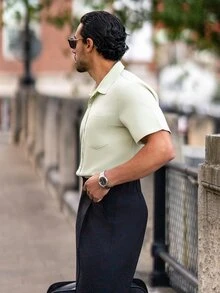 YOUESAWY YOUESAWY 男士純色短袖休閒襯衫 夏季工作襯衫 素色修身合身 正式款 - 薄荷綠 - 查看 4