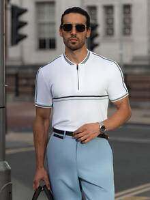 YOUESAWY YOUESAWY 男士簡約拉鍊工作商務休閒POLO正式襯衫，條紋裝飾，適合丈夫、高爾夫、儀式 - 白色 - 查看 1