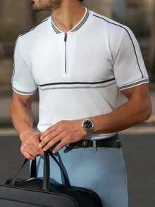 YOUESAWY YOUESAWY 男士簡約拉鍊工作商務休閒POLO正式襯衫，條紋裝飾，適合丈夫、高爾夫、儀式 - 白色 - 查看 5
