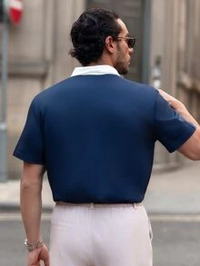 YOUESAWY YOUESAWY Men's Letter Print Contrast Color Short Sleeve Casual Polo Shirt - Navy Blue - View 2