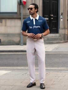 YOUESAWY YOUESAWY Men's Letter Print Contrast Color Short Sleeve Casual Polo Shirt - Navy Blue - View 3