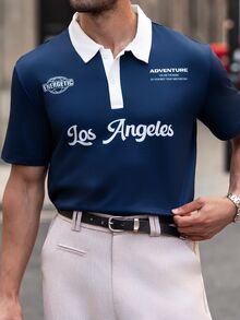 YOUESAWY YOUESAWY Men's Letter Print Contrast Color Short Sleeve Casual Polo Shirt - Navy Blue - View 4