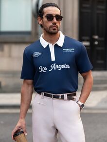 YOUESAWY YOUESAWY Men's Letter Print Contrast Color Short Sleeve Casual Polo Shirt - Navy Blue - View 1