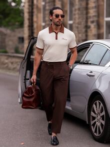 YOUESAWY YOUESAWY Men's Letter Embroidery Contrast Color Short Sleeve Polo Shirt Men Style Polo - Apricot - View 1