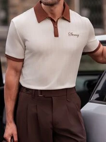 YOUESAWY YOUESAWY Men's Letter Embroidery Contrast Color Short Sleeve Polo Shirt Men Style Polo - Apricot - View 4