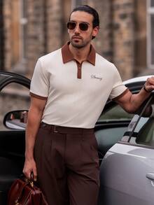 YOUESAWY YOUESAWY Men's Letter Embroidery Contrast Color Short Sleeve Polo Shirt Men Style Polo - Apricot - View 3