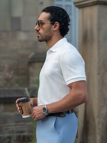 YOUESAWY YOUESAWY Men's Casual Solid Color Textured Short Sleeve Polo Shirt, Summer, Formal - White - View 3
