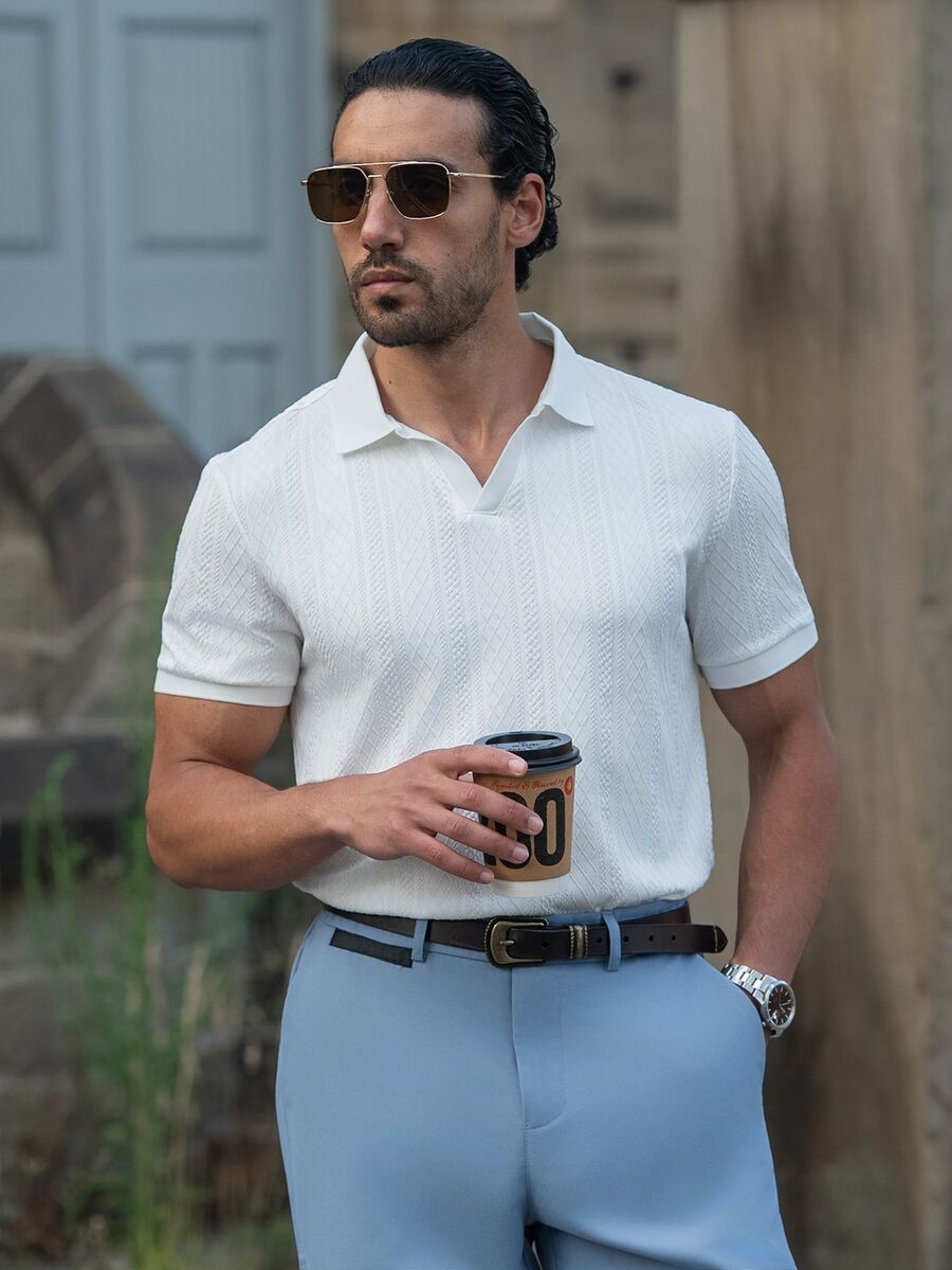 YOUESAWY YOUESAWY Men's Casual Solid Color Textured Short Sleeve Polo Shirt, Summer, Formal - White - View 1
