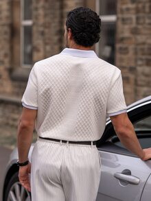 YOUESAWY YOUESAWY 男士白色夏季休閒度假 Polo 衫，幾何紋理提花針織短袖 Polo 衫，鈕扣門襟法式風格，送男友的高級禮物，正式場合適用 - 白色 - 查看 2