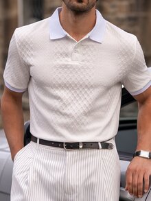 YOUESAWY YOUESAWY 男士白色夏季休閒度假 Polo 衫，幾何紋理提花針織短袖 Polo 衫，鈕扣門襟法式風格，送男友的高級禮物，正式場合適用 - 白色 - 查看 4