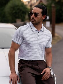 YOUESAWY YOUESAWY Men Printed Short Sleeve Collar Polo Shirt, For Work, Formal - White - View 4