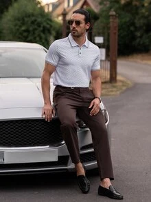 YOUESAWY YOUESAWY Men Printed Short Sleeve Collar Polo Shirt, For Work, Formal - White - View 1