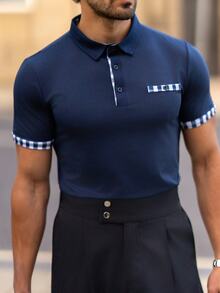 YOUESAWY YOUESAWY 男士格紋飾邊領工作 Polo 衫，適合丈夫與爸爸，正式、儀式感 - 藏蓝色 - 查看 5
