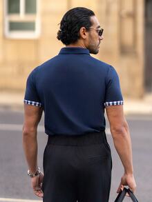 YOUESAWY YOUESAWY 男士格紋飾邊領工作 Polo 衫，適合丈夫與爸爸，正式、儀式感 - 藏蓝色 - 查看 2