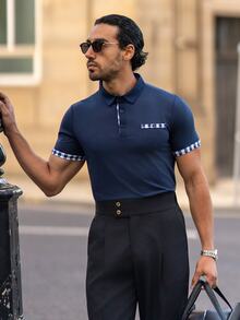 YOUESAWY YOUESAWY 男士格紋飾邊領工作 Polo 衫，適合丈夫與爸爸，正式、儀式感 - 藏蓝色 - 查看 3