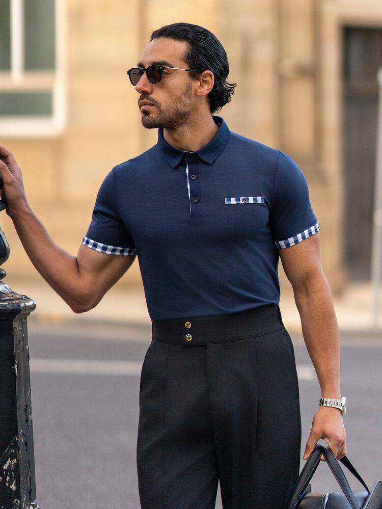 YOUESAWY YOUESAWY Kemeja Polo Pria Tombol Kain genggang Casual - Navy Blue - View 3