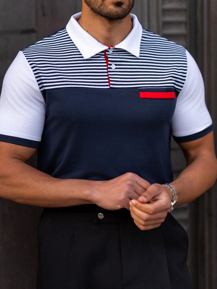 YOUESAWY YOUESAWY Kemeja Polo Pria Contrast Binding Tombol Depan Striped Casual - Navy Blue - View 3