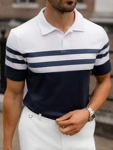 YOUESAWY YOUESAWY 男士工作色塊雙色條紋半鈕扣領 Polo 衫，適合丈夫，正式款 - 藍白色 - 查看 5