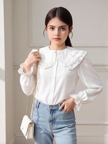 SHEIN 兒童大童女孩寬鬆休閒舒適日常穿著校園風白色荷葉邊飾泡泡袖優雅波浪邊前開扣長袖襯衫返校季 - 白色 - 查看 3