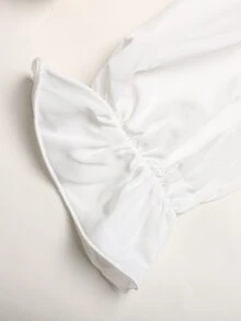 SHEIN 兒童大童女孩寬鬆休閒舒適日常穿著校園風白色荷葉邊飾泡泡袖優雅波浪邊前開扣長袖襯衫返校季 - 白色 - 查看 4