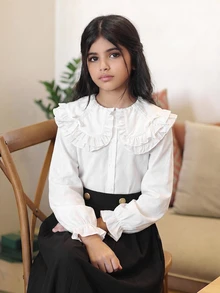 SHEIN 兒童大童女孩寬鬆休閒舒適日常穿著校園風白色荷葉邊飾泡泡袖優雅波浪邊前開扣長袖襯衫返校季 - 白色 - 查看 8