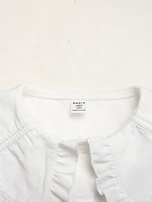 SHEIN 兒童大童女孩寬鬆休閒舒適日常穿著校園風白色荷葉邊飾泡泡袖優雅波浪邊前開扣長袖襯衫返校季 - 白色 - 查看 5