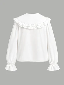 SHEIN 兒童大童女孩寬鬆休閒舒適日常穿著校園風白色荷葉邊飾泡泡袖優雅波浪邊前開扣長袖襯衫返校季 - 白色 - 查看 6
